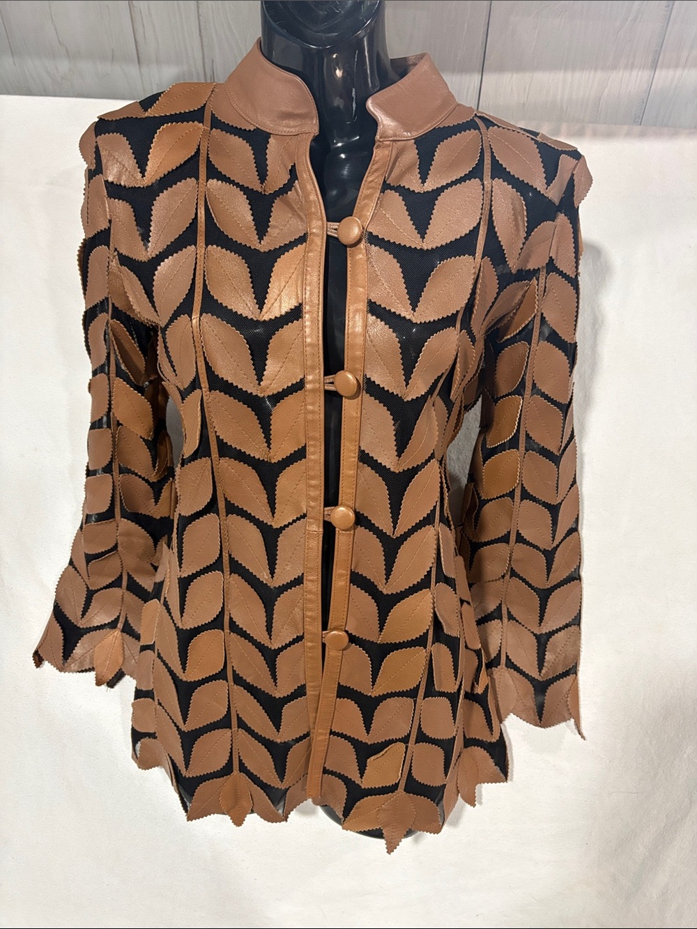 Vintage Stillman Studio Leather Leaf Jacket Black Mesh Wearable Art Statement